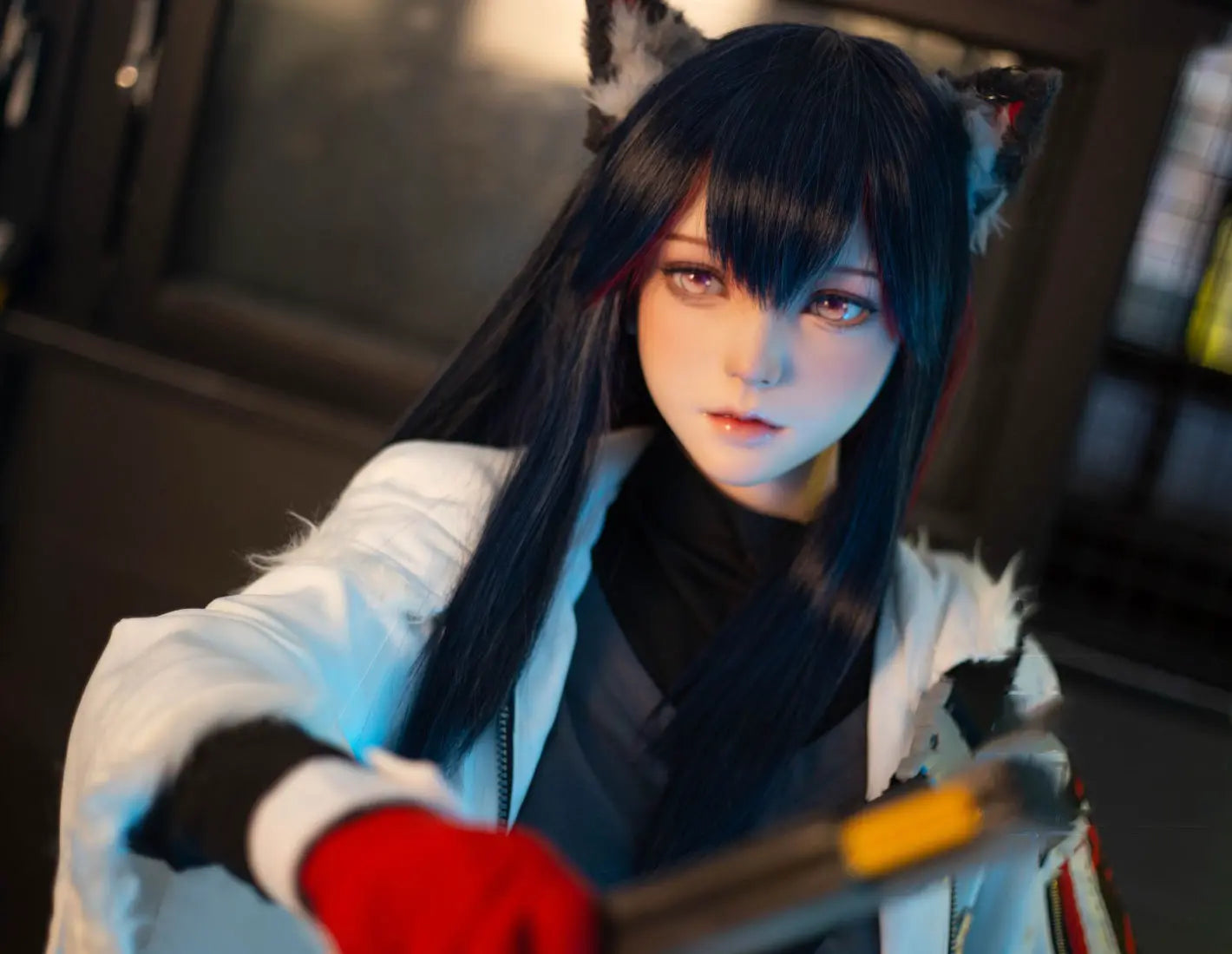 Alaya, black straight long hair, wolf ears, white military coat, black turtleneck, red gloves, orange lance, pink dreamy eyes, blue studio lighting, Texas the Omertosa Winter Messenger Arknights, looking at the distance, listening to something, holding  a weapon, big furry tail, close up - anime cosplay fantasy sex doll by TopLoveDoll