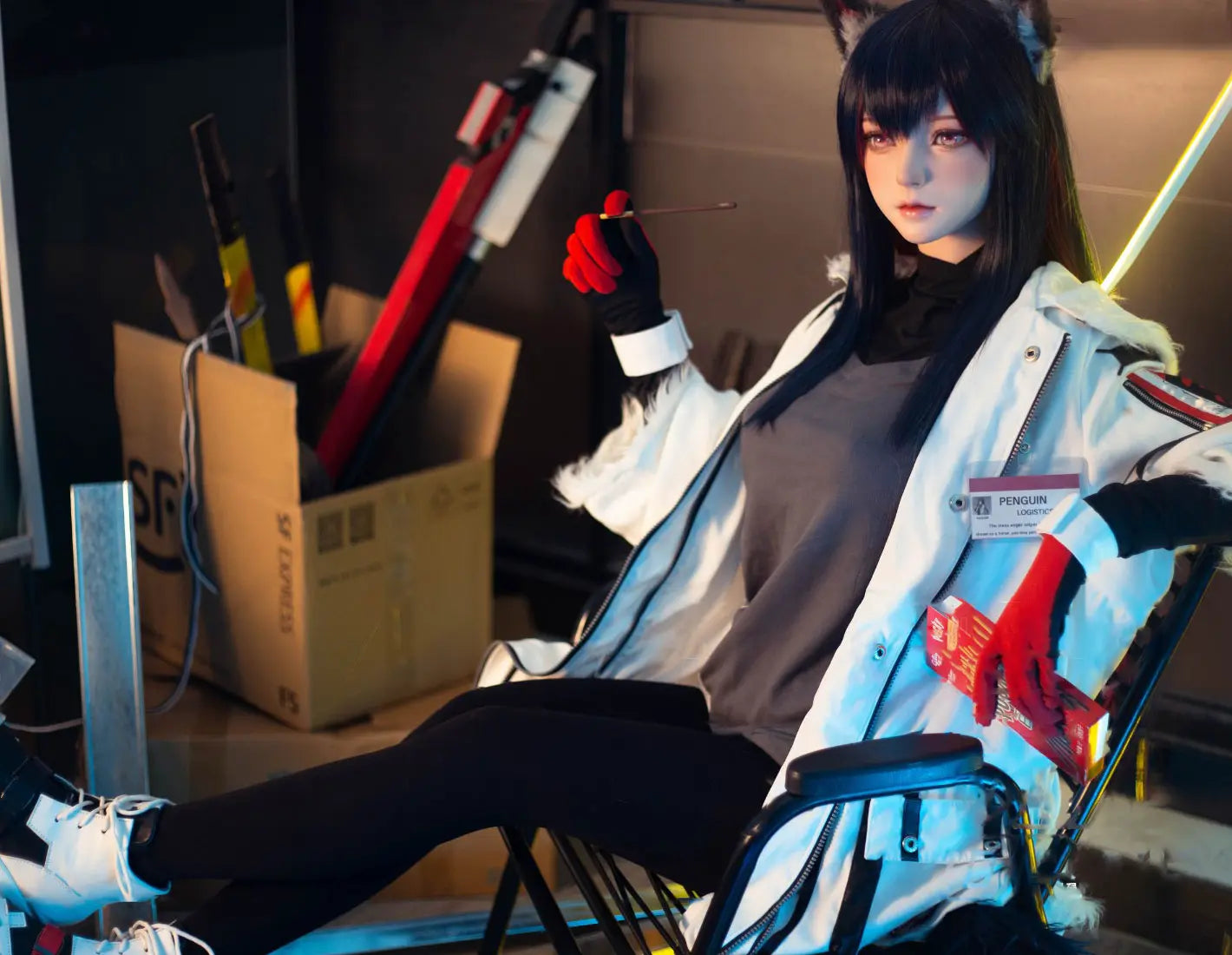 Alaya, black straight long hair, wolf ears, white military coat, black turtleneck, red gloves, orange lance, pink dreamy eyes, blue studio lighting, Texas the Omertosa Winter Messenger Arknights, looking at the distance, listening to something, sitting on a chair,  eating some finger snacks, anime cosplay fantasy sex doll by TopLoveDoll