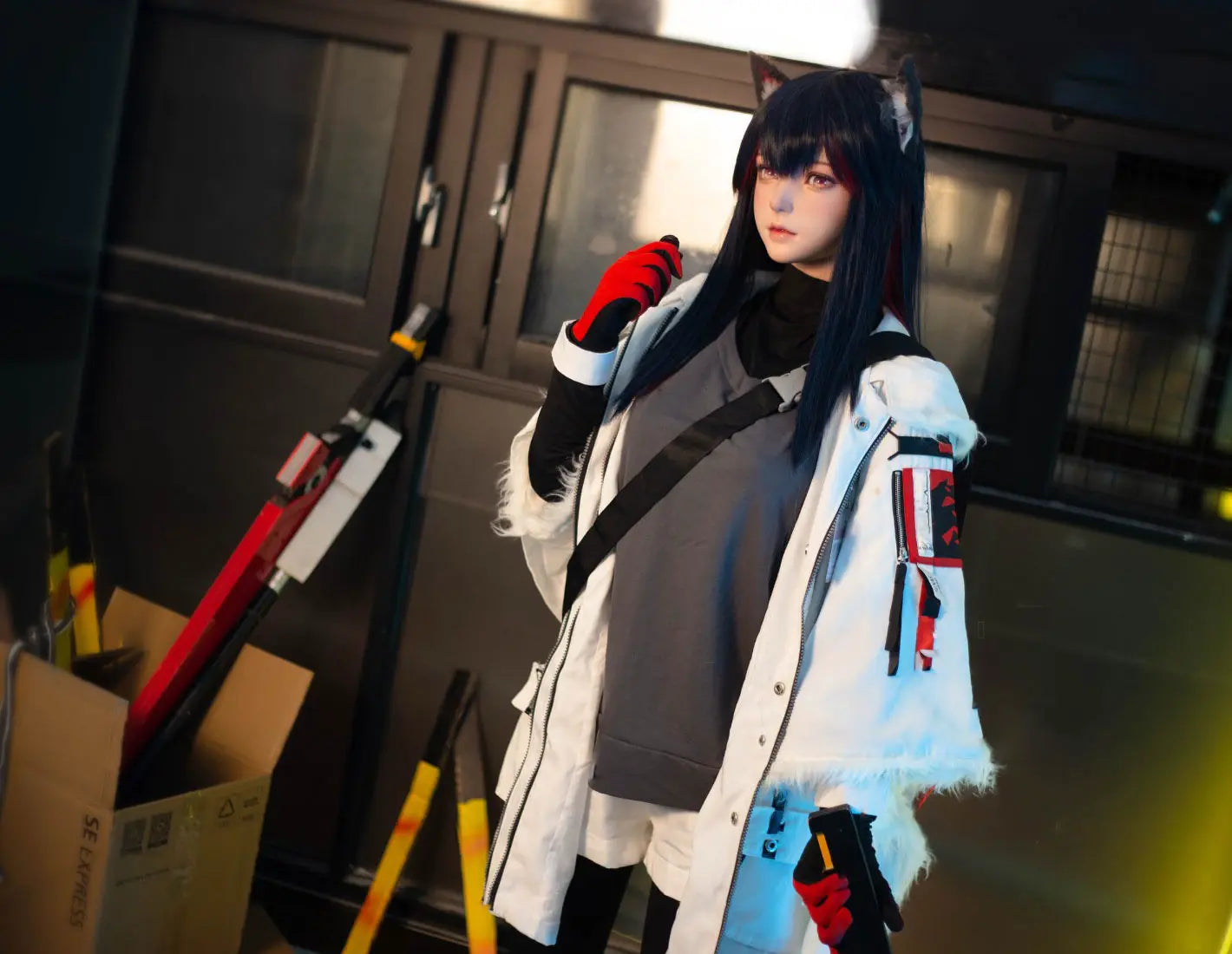 Alaya, black straight long hair, wolf ears, white military coat, black turtleneck, red gloves, orange lance, pink dreamy eyes, blue studio lighting, Texas the Omertosa Winter Messenger Arknights, looking at the distance, listening to something, standing and analyzing something, with both hands filled with something, anime cosplay fantasy sex doll by TopLoveDoll