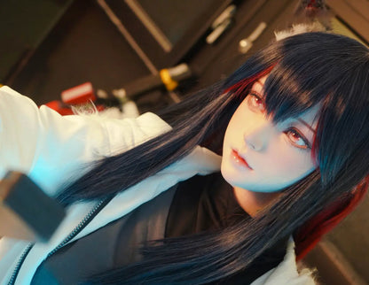 Alaya, black straight long hair, wolf ears, white military coat, black turtleneck, red gloves, orange lance, pink dreamy eyes, blue studio lighting, Texas the Omertosa Winter Messenger Arknights, looking at the distance, face close up, anime cosplay fantasy sex doll by TopLoveDoll