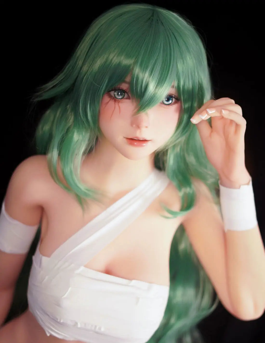Alayah, green long wavy hair, white crop top, white shorts, dark studio lighting, Takatsuki Sen Eto Tokyo Ghoul, half-human half-ghoul, standing on a red carpet, with a steel doll stand held between the thighs, one red & black ghoul eye, one green human eye, face close-up– anime cosplay fantasy sex doll by TopLoveDoll