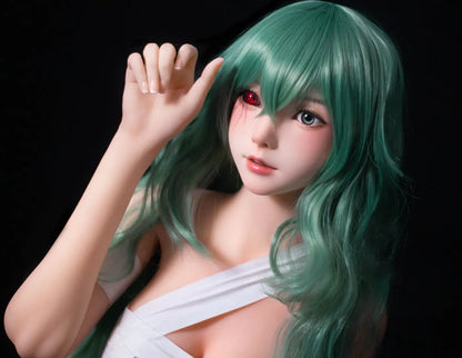 Alayah, green long wavy hair, white crop top, white shorts, dark studio lighting, Takatsuki Sen Eto Tokyo Ghoul, half-human half-ghoul, standing on a red carpet, with a steel doll stand held between the thighs, one red & black ghoul eye, one green human eye, face close up, side view – anime cosplay fantasy sex doll by TopLoveDoll