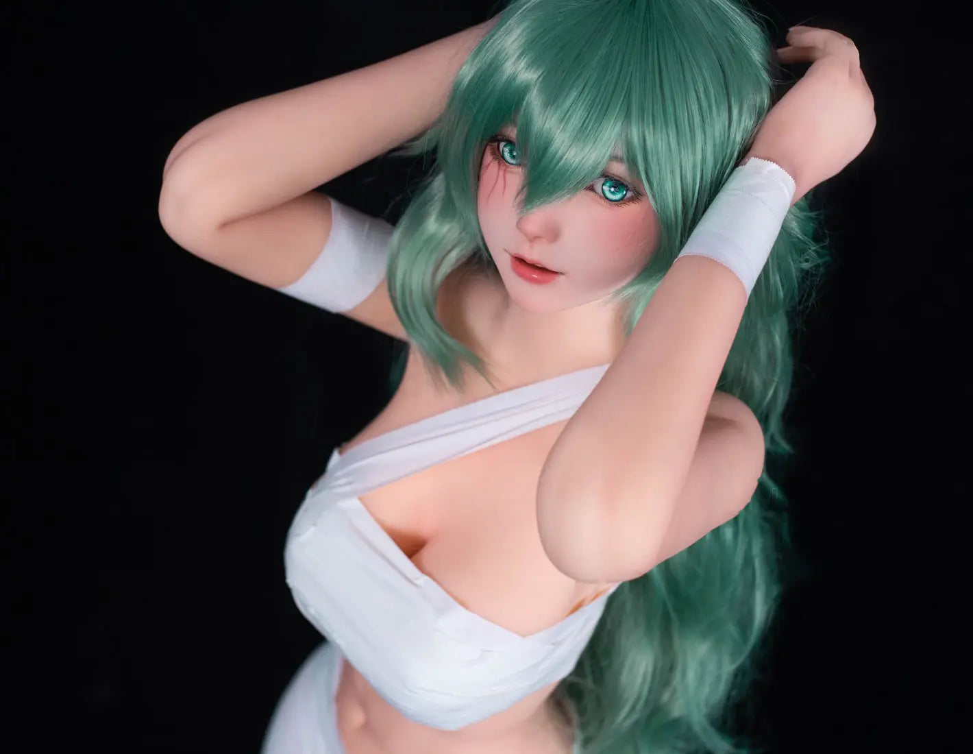 Alayah, green long wavy hair, white crop top, white shorts, dark studio lighting, Takatsuki Sen Eto Tokyo Ghoul, half-human half-ghoul, standing on a red carpet, with a steel doll stand held between the thighs, one red & black ghoul eye, one green human eye, hourglass bomshell figure – anime cosplay fantasy sex doll by TopLoveDoll
