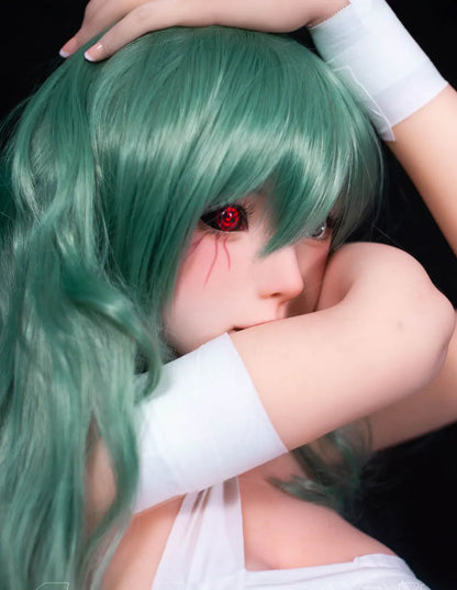 Alayah, green long wavy hair, white crop top, white shorts, dark studio lighting, Takatsuki Sen Eto Tokyo Ghoul, half-human half-ghoul, standing on a red carpet, with a steel doll stand held between the thighs, one red & black ghoul eye, ghroul eye close up, one green human eye – anime cosplay fantasy sex doll by TopLoveDoll
