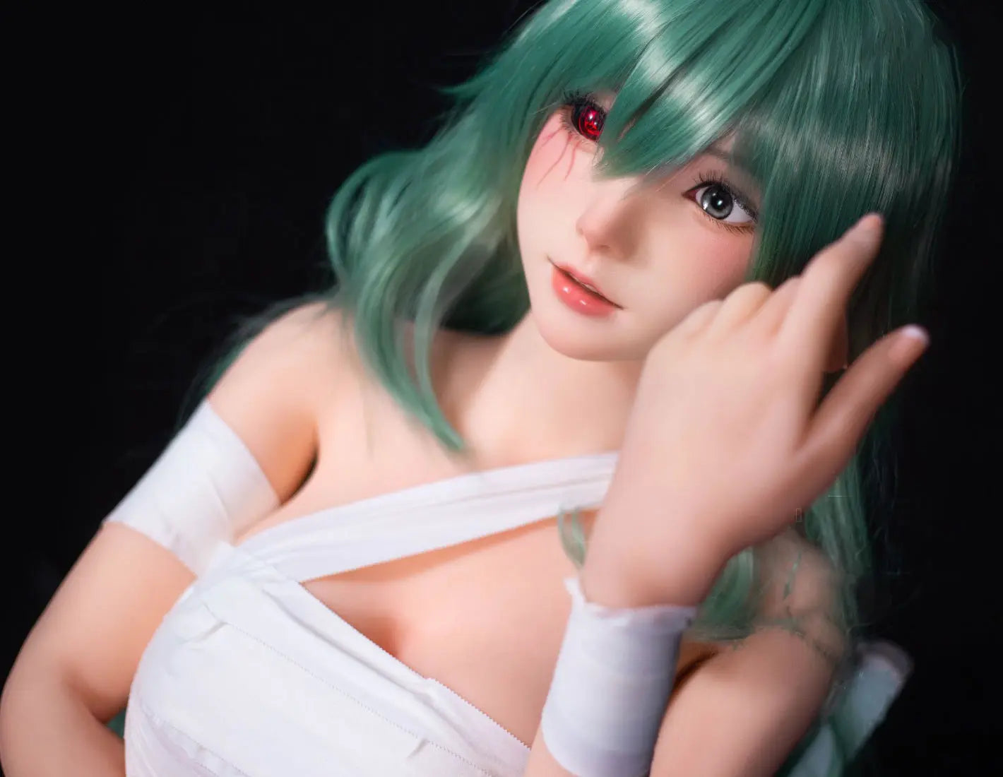 Alayah, green long wavy hair, white crop top, white shorts, dark studio lighting, Takatsuki Sen Eto Tokyo Ghoul, half-human half-ghoul, standing on a red carpet, with a steel doll stand held between the thighs, one red & black ghoul eye, one green human eye, anime filter – anime cosplay fantasy sex doll by TopLoveDoll