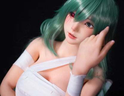 Alayah, green long wavy hair, white crop top, white shorts, dark studio lighting, Takatsuki Sen Eto Tokyo Ghoul, half-human half-ghoul, standing on a red carpet, with a steel doll stand held between the thighs, one red & black ghoul eye, one green human eye, anime filter – anime cosplay fantasy sex doll by TopLoveDoll