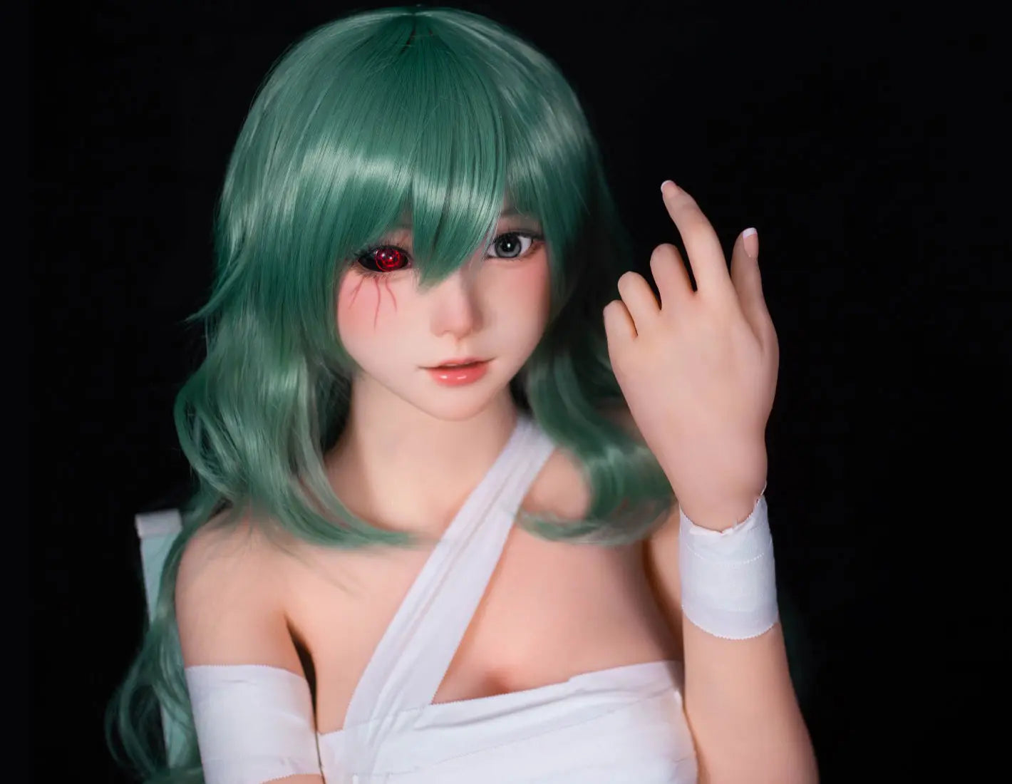 Alayah, green long wavy hair, white crop top, white shorts, dark studio lighting, Takatsuki Sen Eto Tokyo Ghoul, half-human half-ghoul, standing on a red carpet, with a steel doll stand held between the thighs, one red & black ghoul eye, one green human eye, glassy lip gloss like cherry – anime cosplay fantasy sex doll by TopLoveDoll