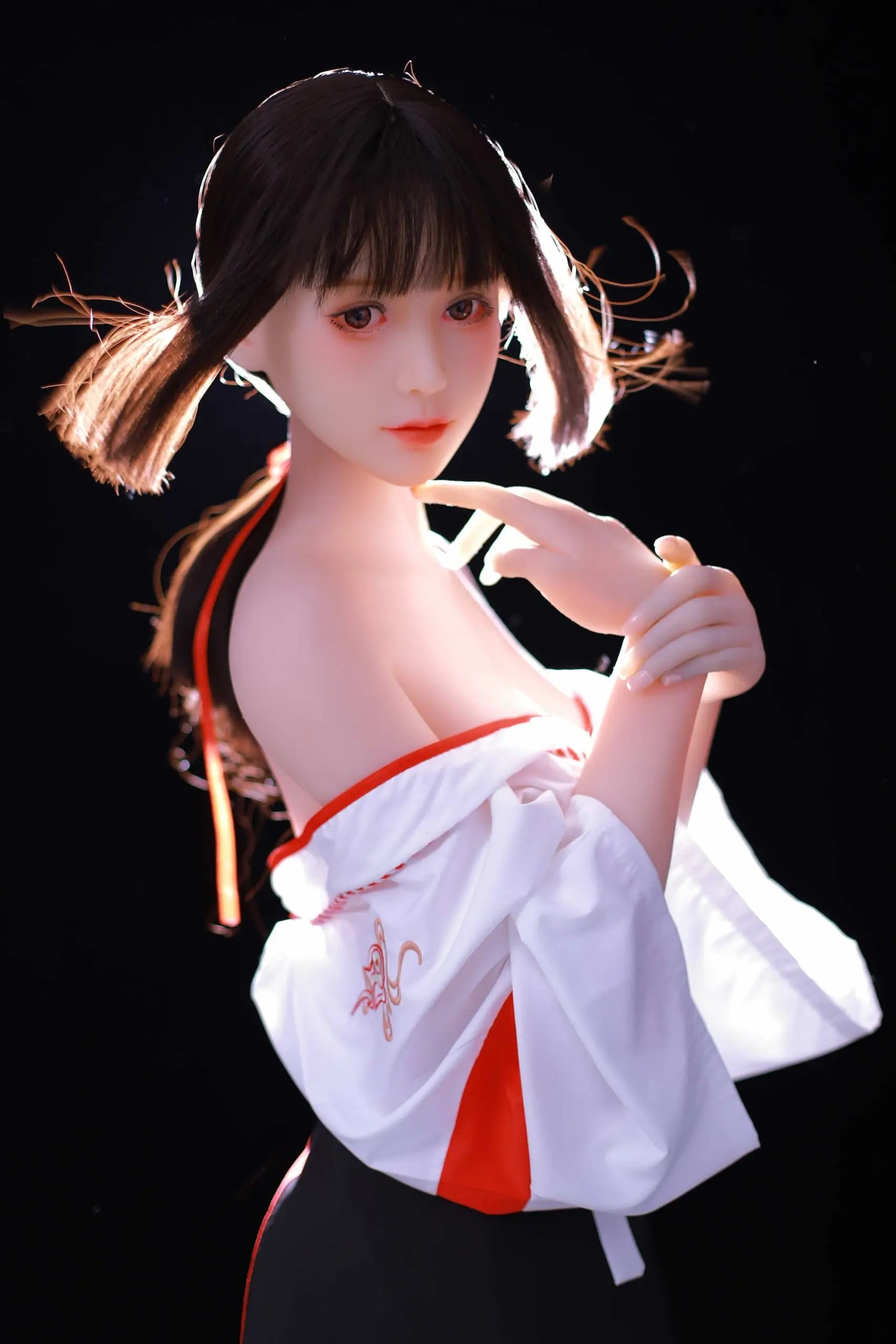 Ethereal maiden, Aleena, black princess cut half-up hair, wind blowing up her hair, white miko top, red hakama floral folding fan, dark shrine backdrop, backlit shot – Japanese miko shrine maiden companion sex doll by TopLoveDoll
