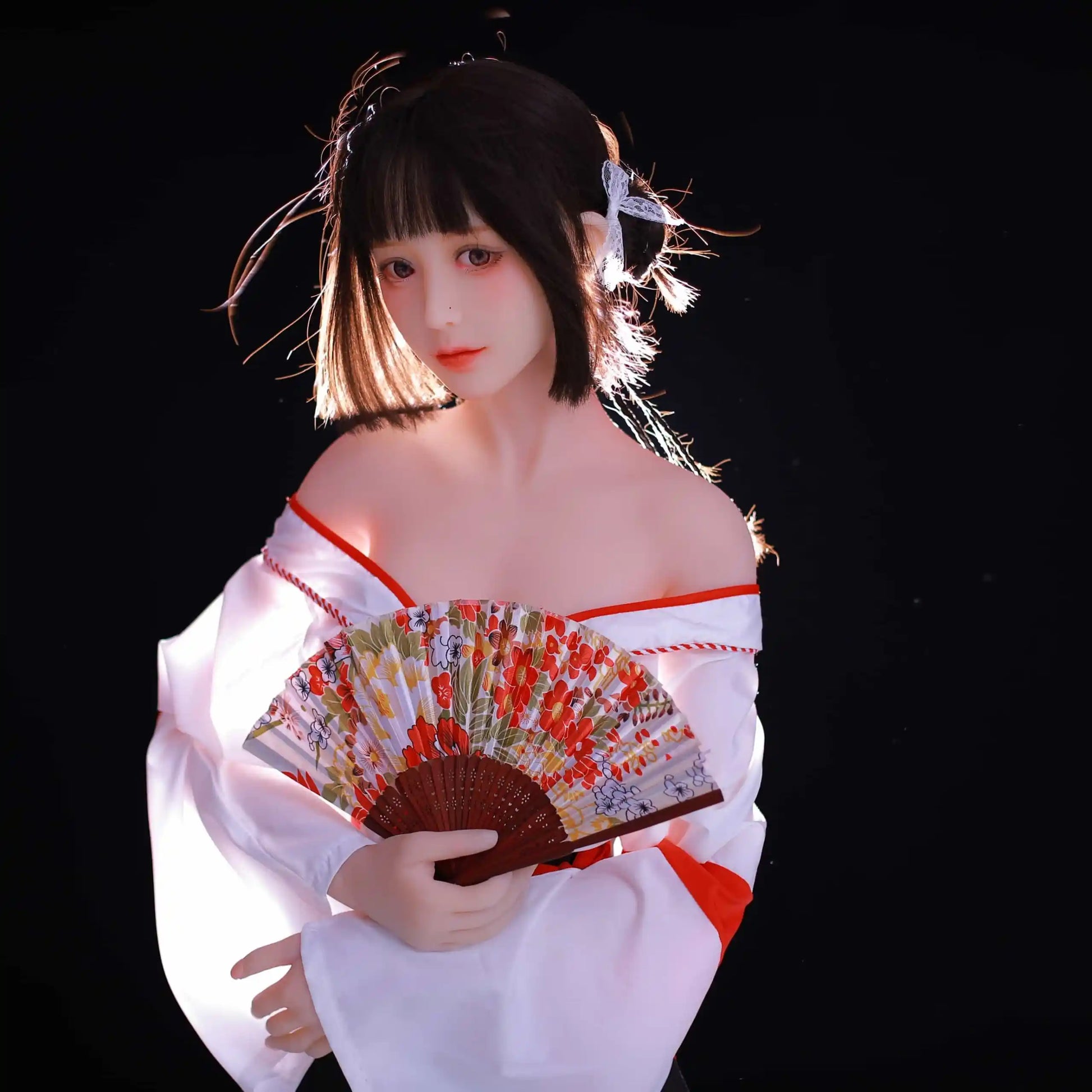 Ethereal maiden, Aleena, black princess cut half-up hair, wind blowing up her hair, white miko top, red hakama floral folding fan, dark shrine backdrop, backlit shot, standing & holding the fan – Japanese miko shrine maiden companion sex doll by TopLoveDoll
