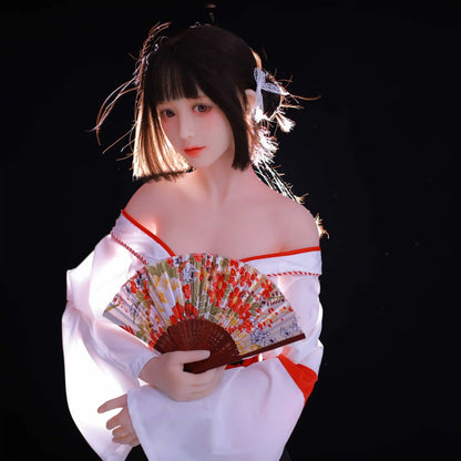 Ethereal maiden, Aleena, black princess cut half-up hair, wind blowing up her hair, white miko top, red hakama floral folding fan, dark shrine backdrop, backlit shot, standing & holding the fan – Japanese miko shrine maiden companion sex doll by TopLoveDoll