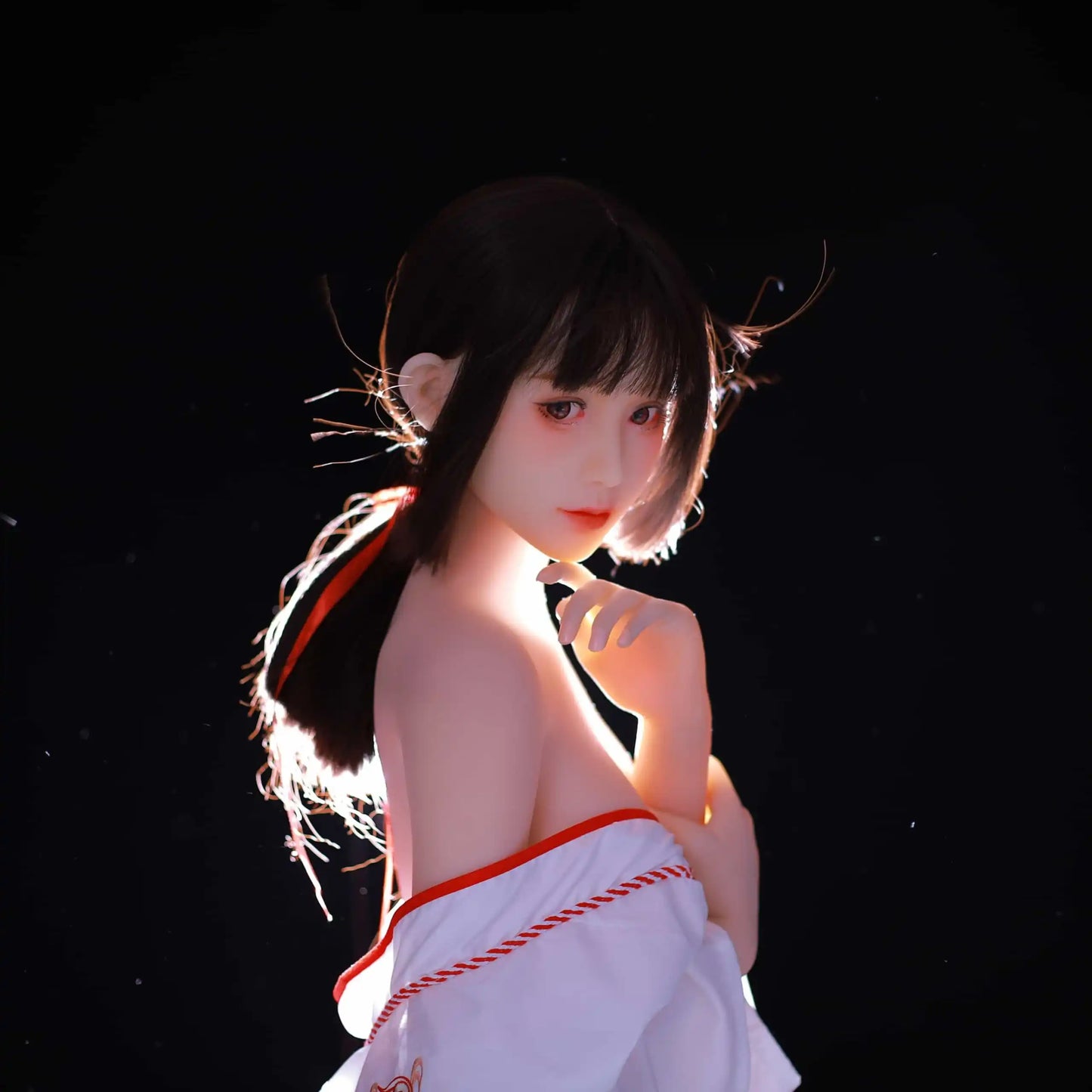 Ethereal maiden, Aleena, black princess cut half-up hair, wind blowing up her hair, white miko top, red hakama floral folding fan, dark shrine backdrop, backlit shot, standing, her clothes slip off shoulder to the chest level – Japanese miko shrine maiden companion sex doll by TopLoveDoll
