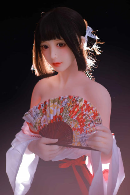 Aleena black princess cut half-up hair deer antler pin white miko top red hakama floral folding fan dark shrine backdrop – Japanese miko shrine maiden companion sex doll by TopLoveDoll