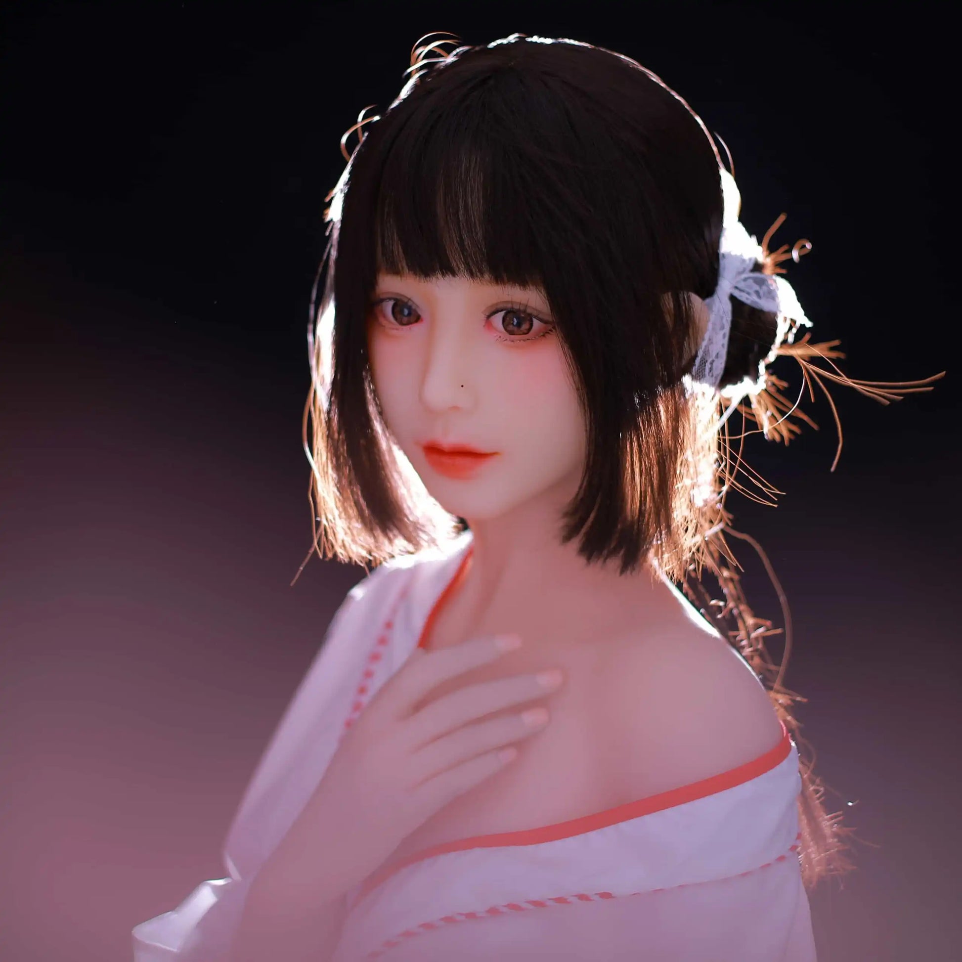 Ethereal maiden, Aleena, black princess cut half-up hair, wind blowing up her hair, white miko top, red hakama floral folding fan, dark shrine backdrop, backlit shot, standing, brown eyes, Japanese miko shrine maiden companion sex doll by TopLoveDoll