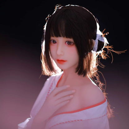 Ethereal maiden, Aleena, black princess cut half-up hair, wind blowing up her hair, white miko top, red hakama floral folding fan, dark shrine backdrop, backlit shot, standing, brown eyes, Japanese miko shrine maiden companion sex doll by TopLoveDoll