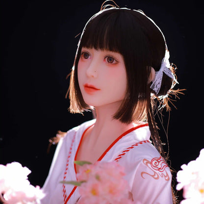 Ethereal maiden, Aleena, black princess cut half-up hair, wind blowing up her hair, white miko top, red hakama floral folding fan, dark shrine backdrop, backlit shot, standing, looking up 45-degree – Japanese miko shrine maiden companion sex doll by TopLoveDoll