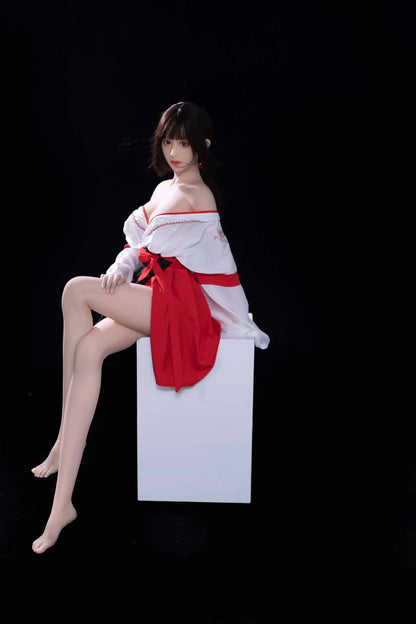 Ethereal maiden, Aleena, black princess cut half-up hair, wind blowing up her hair, white miko top, red hakama floral folding fan, dark shrine backdrop, backlit shot, sitting on a white object, side viewa – Japanese miko shrine maiden companion sex doll by TopLoveDoll