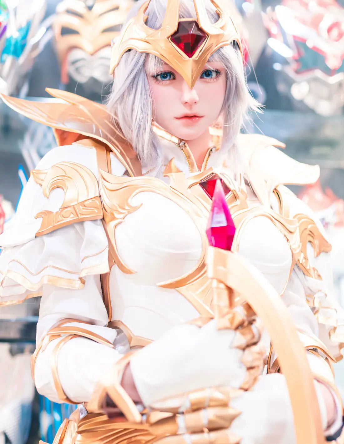 Alena, silver-white long hair, gold crescent crown, white gold imperial armor, blue gold skirt, Diana Lunar Goddess Prestige Emperor skin, high-contrast filter, looking at the camra – League of Legends cosplay fantasy sex doll by TopLoveDoll