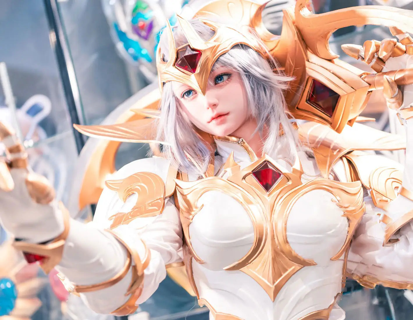 Alena, silver-white long hair, gold ruby crescent crown, white gold imperial armor, blue gold skirt, Diana Lunar Goddess Prestige Emperor skin, high-contrast filter, looking away– League of Legends cosplay fantasy sex doll by TopLoveDoll