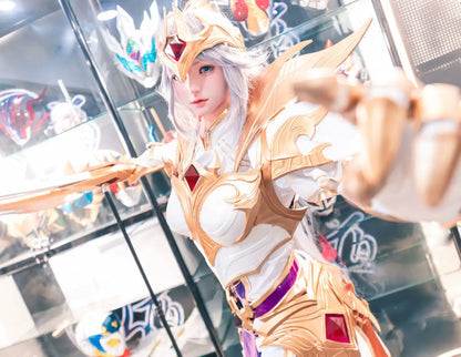 Alena, silver-white long hair, gold ruby crescent crown, white gold imperial armor, blue gold skirt, Diana Lunar Goddess Prestige Emperor skin, high-contrast filter, looking at the camra, pointing her finger at the camera, battle mode– League of Legends cosplay fantasy sex doll by TopLoveDoll