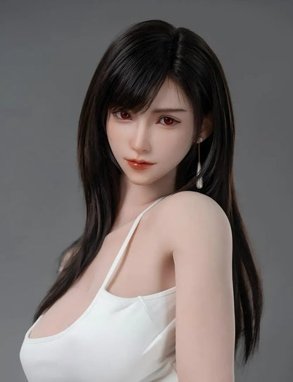 Alessandra, red eyes, black straight long hair, white strap crop top, white hot pants, black combat gloves, black leather belt, Tifa Lockhart FF7 Remake cosplay – anime gaming companion sex doll by TopLoveDoll