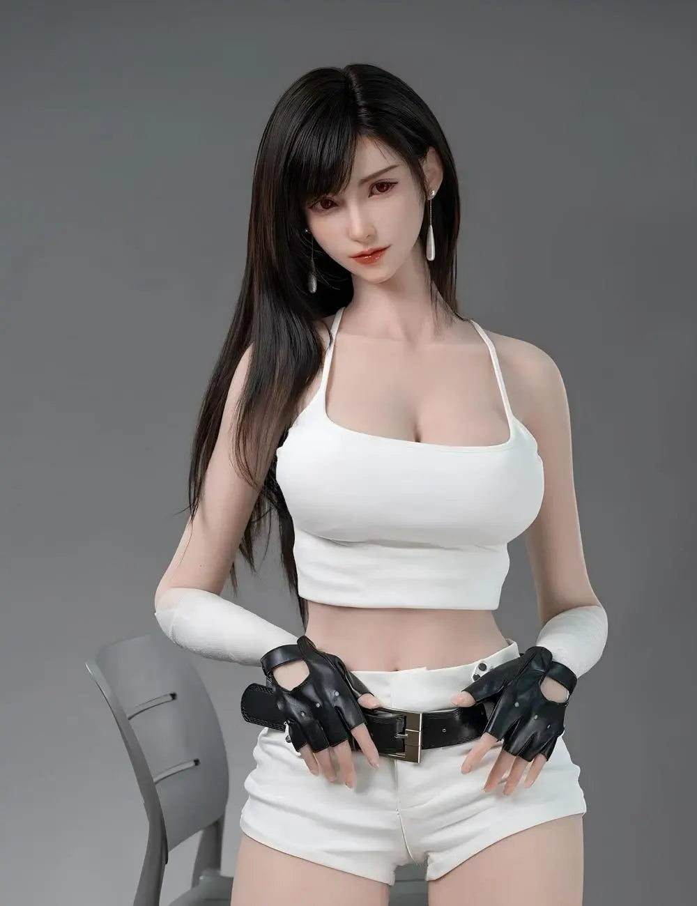 Alessandra, black straight long hair, white strap crop top, white hot pants, black combat gloves, black leather belt, Tifa Lockhart FF7 Remake cosplay – anime gaming companion sex doll by TopLoveDoll