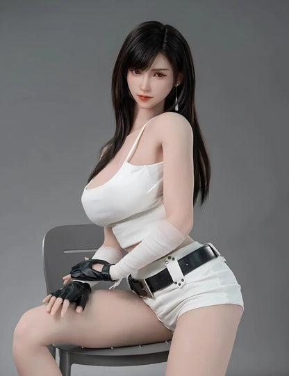 Alessandra, black straight long hair, pearl pendant earrings, white strap crop top, white hot pants, black combat gloves, black leather belt, Tifa Lockhart FF7 Remake cosplay, bust shot, half sitting on a grey plastic chair – anime gaming companion sex doll by TopLoveDoll