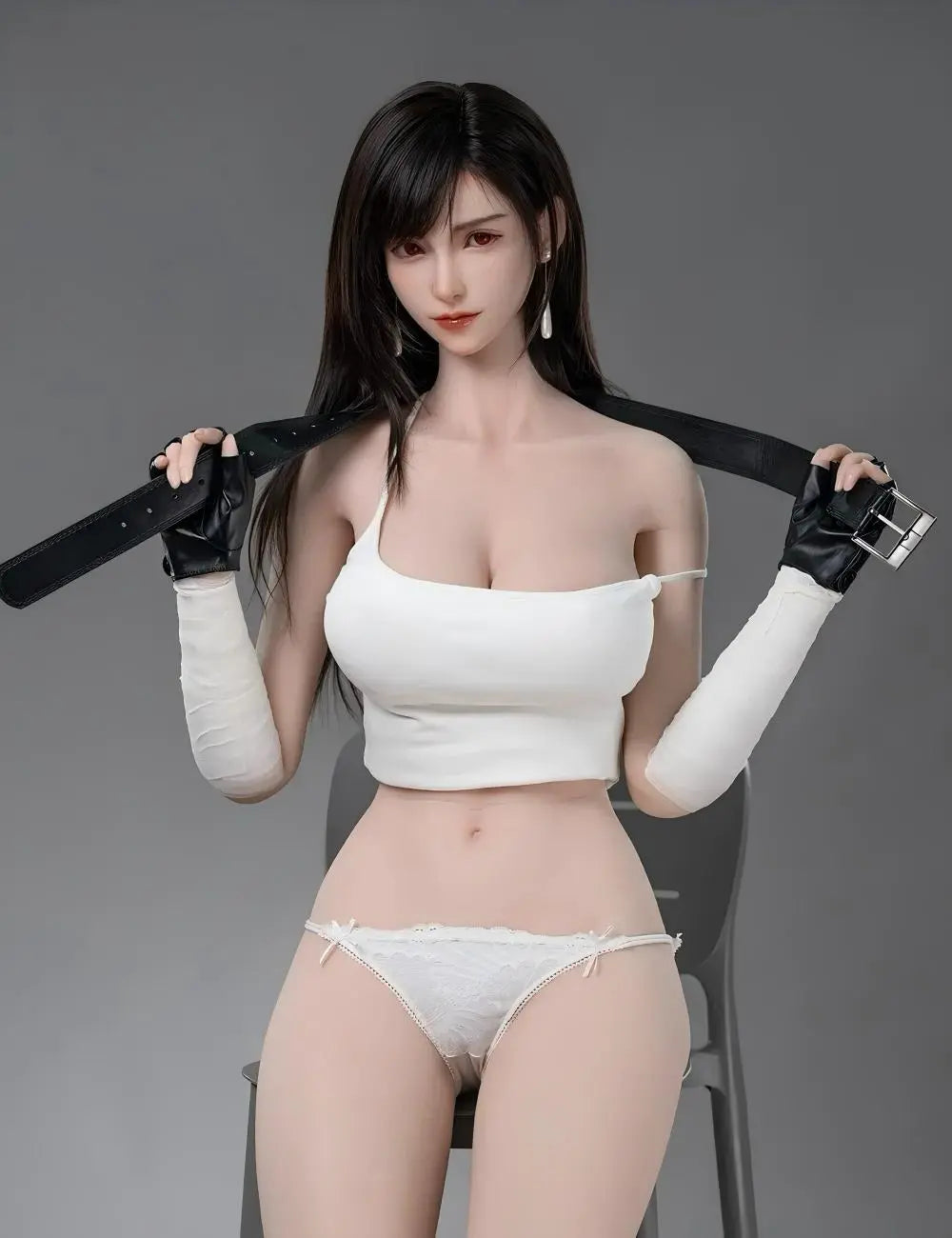 Alessandra, red eyes, black straight long hair, pearl pendant earrings, clean make up, white strap crop top, white hot pants, black combat gloves, black leather belt, Tifa Lockhart FF7 Remake cosplay, three-quarter shot, half sitting on a grey plastic tall chair,  strip herself piece by piece, with her belt in hands, hot pants off – anime gaming companion sex doll by TopLoveDoll