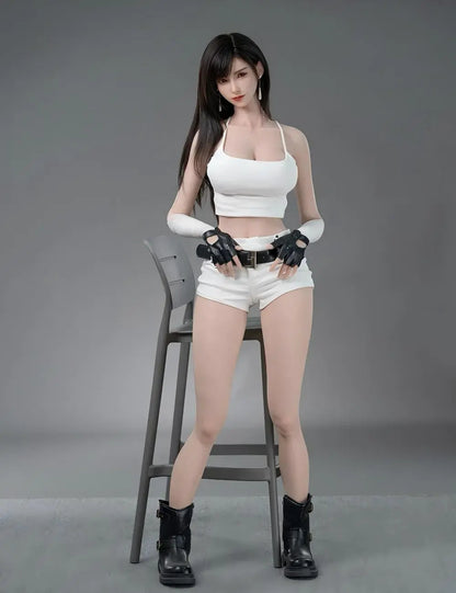 Alessandra, red eyes, black straight long hair, pearl pendant earrings, clean make up, white strap crop top, white hot pants, black combat gloves, black leather belt, Tifa Lockhart FF7 Remake cosplay, three-quarter shot, standing in front of a grey plastic tall chair – anime gaming companion sex doll by TopLoveDoll