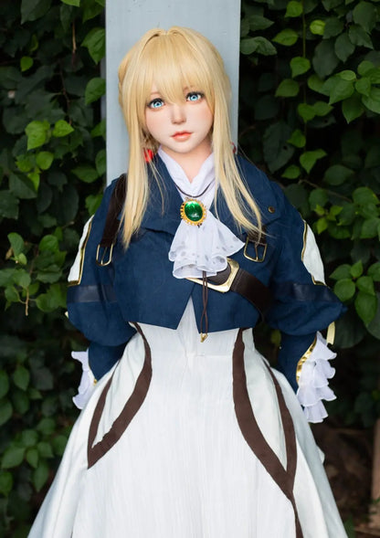 Aliana, golden straight long hair, navy Auto Memory Doll uniform, white apron, black leather boots, outdoor, green trees, standing, looking at the camera – Violet Evergarden cosplay anime sex doll by TopLoveDoll