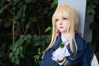 Aliana, golden straight long hair, blue eyes, navy Auto Memory Doll uniform, white apron, black leather boots, outdoor, green trees, standing against a steel pillar that's near to a lot of vines and green leaves, brown gloves, holding a brown leather suitcase, eye-level shot, face close-up, front view – Violet Evergarden cosplay anime sex doll by TopLoveDoll
