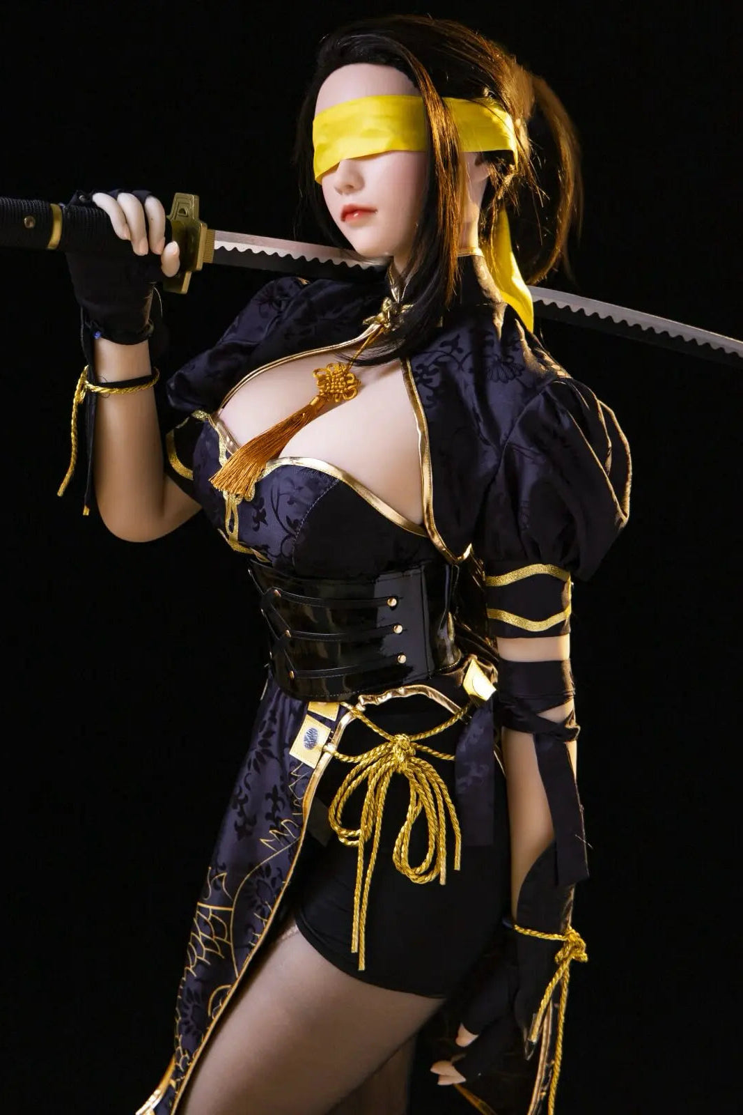 Hongye - black gold armor hourglass figure, torn black stockings, katana, J-style samurai knife, Blindfold with a yellow ribbon– Viper Ning Naraka cosplay sex doll by TopLoveDoll