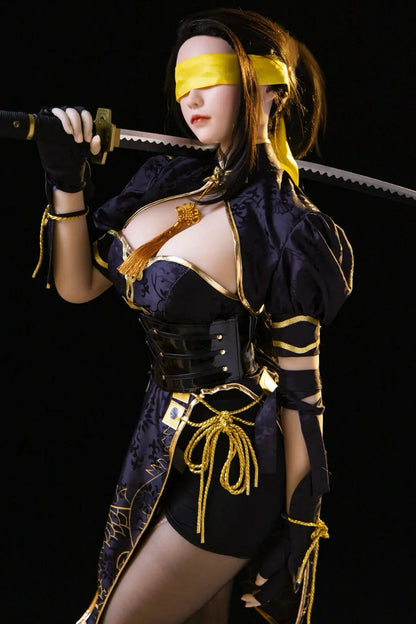 Hongye - black gold armor hourglass figure, torn black stockings, katana, J-style samurai knife, Blindfold with a yellow ribbon– Viper Ning Naraka cosplay sex doll by TopLoveDoll