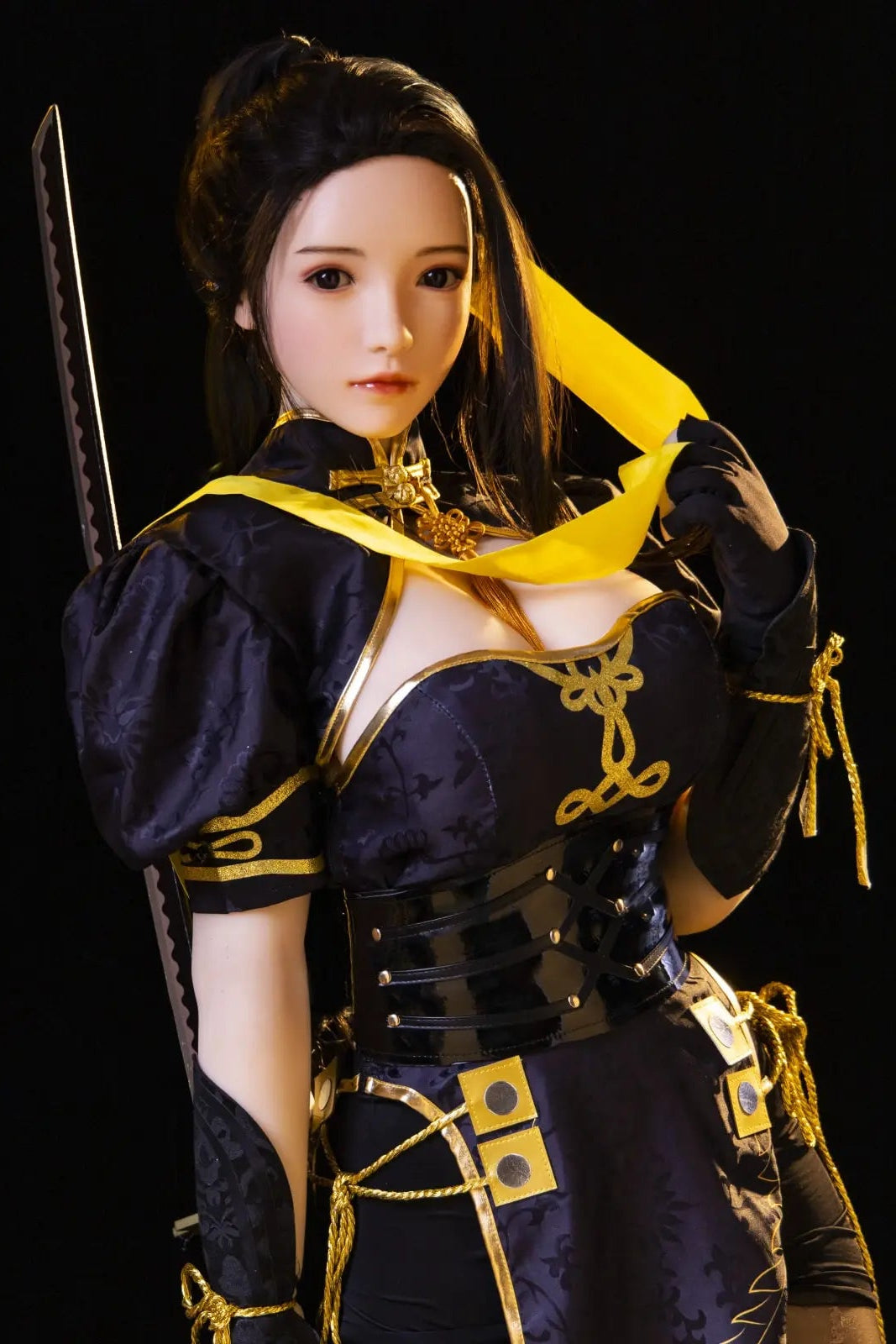 Hongye - black gold armor hourglass figure, torn black stockings, katana, J-style samurai knife, standing, bust shot– Viper Ning Naraka cosplay sex doll by TopLoveDoll
