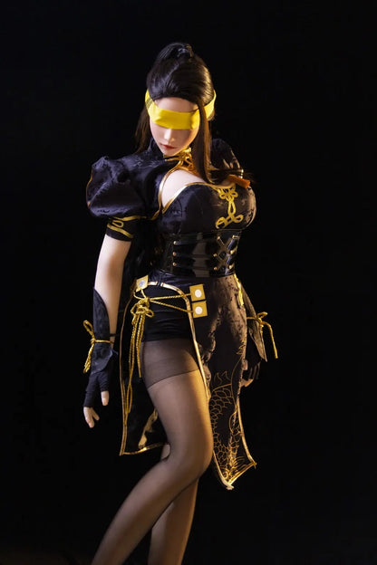 Hongye - black gold armor hourglass figure, torn black stockings, katana, standing on a white object, look down– Viper Ning Naraka cosplay sex doll by TopLoveDoll
