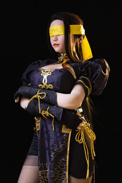 Hongye - black gold armor hourglass figure, torn black stockings, katana, standing on a white object, standing, holding her arms – Viper Ning Naraka cosplay sex doll by TopLoveDoll