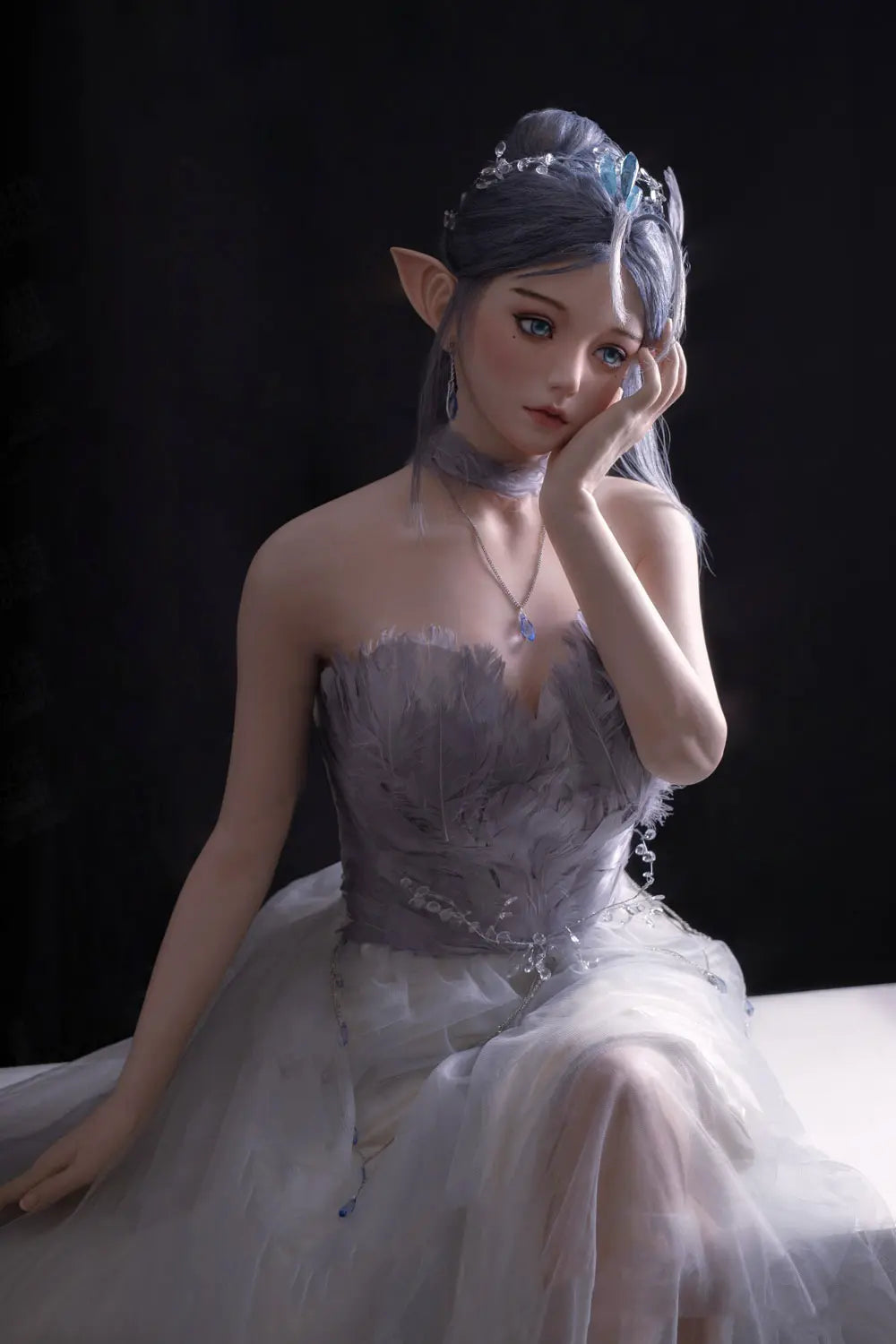 Alisha silver-blue hair, pointed ears, floral tulle gown, fantasy pose, three-quarter shot – lavender elf fantasy sex doll by TopLoveDoll