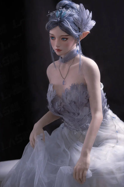 Alisha silver-blue hair, pointed ears, floral tulle gown, fantasy pose, three-quarter shot, sitting – lavender elf fantasy sex doll by TopLoveDoll