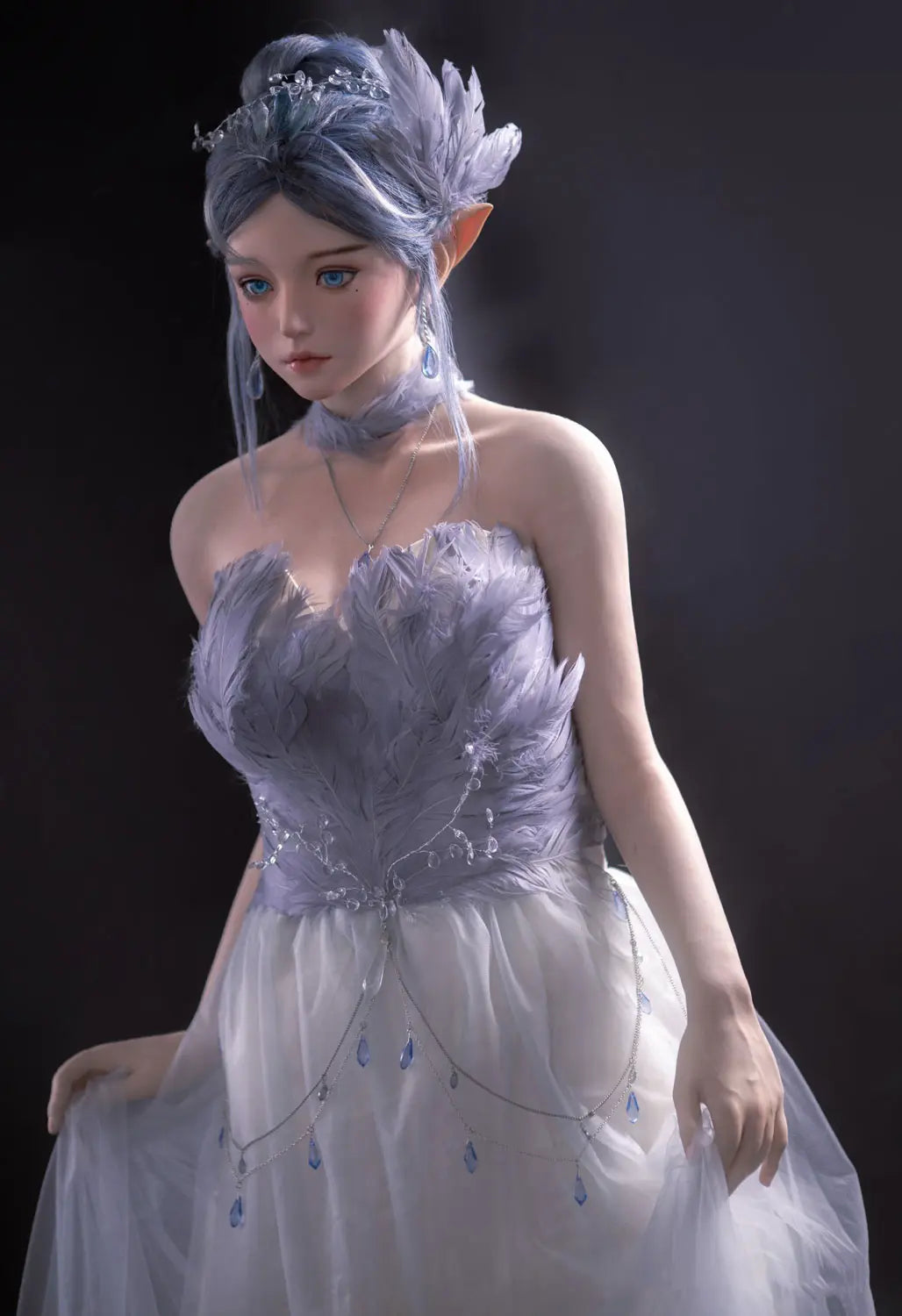 Alisha silver-blue hair, pointed ears, floral tulle gown, fantasy pose, three-quarter shot, standing – lavender elf fantasy sex doll by TopLoveDoll