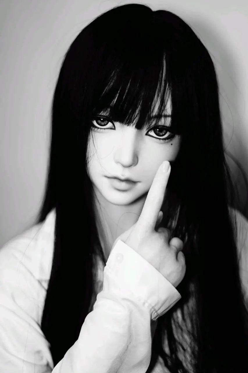 Alana, black straight long hair, white shirt black JK pinafore dress, crimson bow, white mask, scars on the face, white studio shooting scenario, a tear mold under the left eye, monochrome filter – Tomie Junji Ito inspired horror beauty anime sex doll by TopLoveDoll