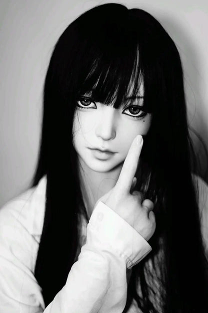 Alana, black straight long hair, white shirt black JK pinafore dress, crimson bow, white mask, scars on the face, white studio shooting scenario, a tear mold under the left eye, monochrome filter – Tomie Junji Ito inspired horror beauty anime sex doll by TopLoveDoll