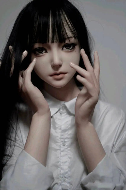 Alana, black straight long hair, white shirt black JK pinafore dress, crimson bow, white mask, scars on the face, white studio shooting scenario, a tear mold under the left eye – Tomie Junji Ito inspired horror beauty anime sex doll by TopLoveDoll