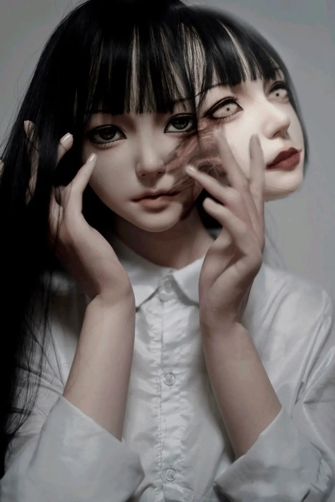 Alana Tomie Junji Ito horror beauty petite sex doll with long black straight hair and blunt bangs in white shirt and black JK pinafore dress with crimson bow holding white mask, close-up face portrait with grey studio background, lifelike realistic love doll by TopLoveDoll