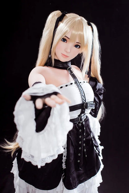 Alison blonde twin tails, black and white maid outfit, cosplay pose, dark background – Marie Rose cosplay sex doll by TopLoveDoll