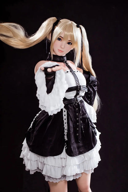 Alison blonde twin tails, black and white maid outfit, cosplay pose, dark background, standing and pointing her fingers up, slightly further profile view – Marie Rose cosplay sex doll by TopLoveDoll
