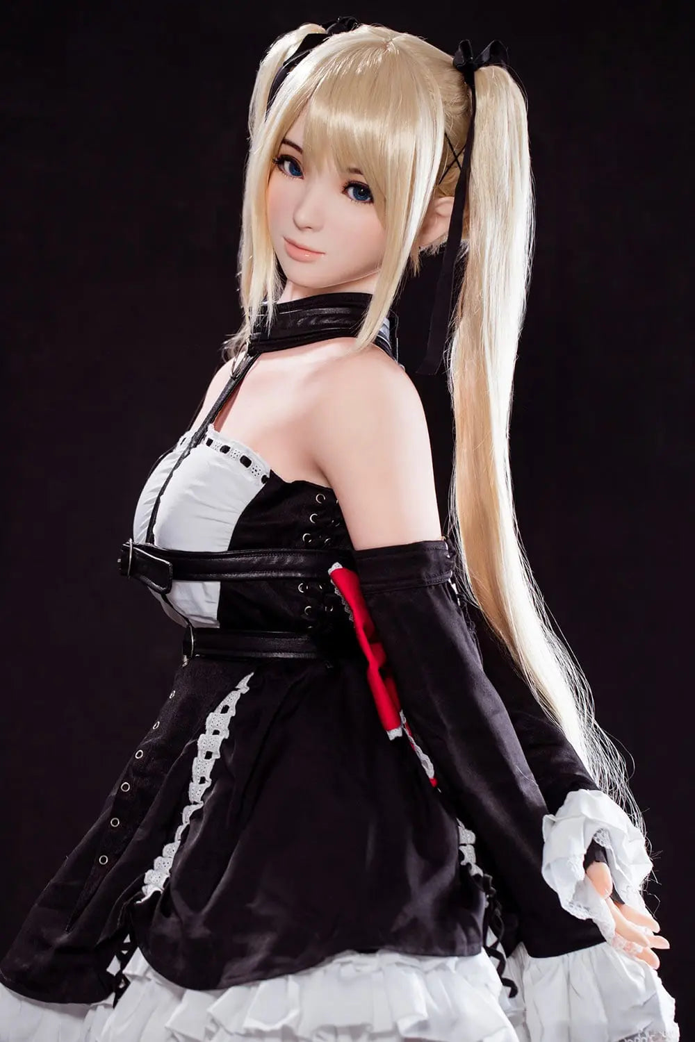 Alison blonde twin tails, black and white maid outfit, cosplay pose, dark background, standing, side view, bust shot  2– Marie Rose cosplay sex doll by TopLoveDoll