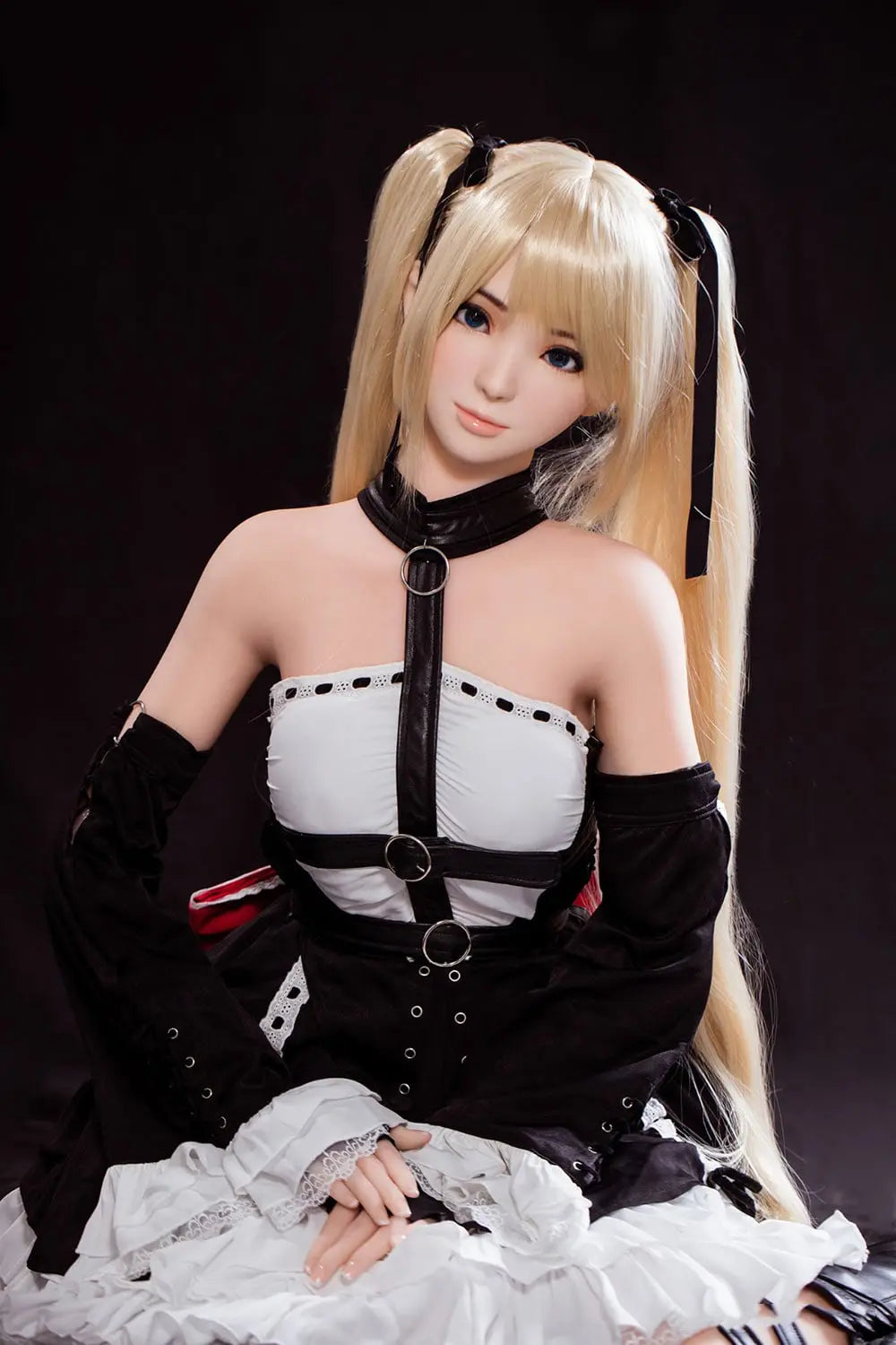Alison blonde twin tails, black and white maid outfit, cosplay pose, dark background, w-shape sitting, bust shot – Marie Rose cosplay sex doll by TopLoveDoll