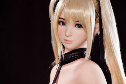 Alison blonde twin tails, black and white maid outfit, cosplay pose, dark background, w-shape sitting, closer face close-up – Marie Rose cosplay sex doll by TopLoveDoll