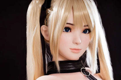 Alison blonde twin tails, black and white maid outfit, cosplay pose, dark background, w-shape sitting, right side view, closer face close-up – Marie Rose cosplay sex doll by TopLoveDoll