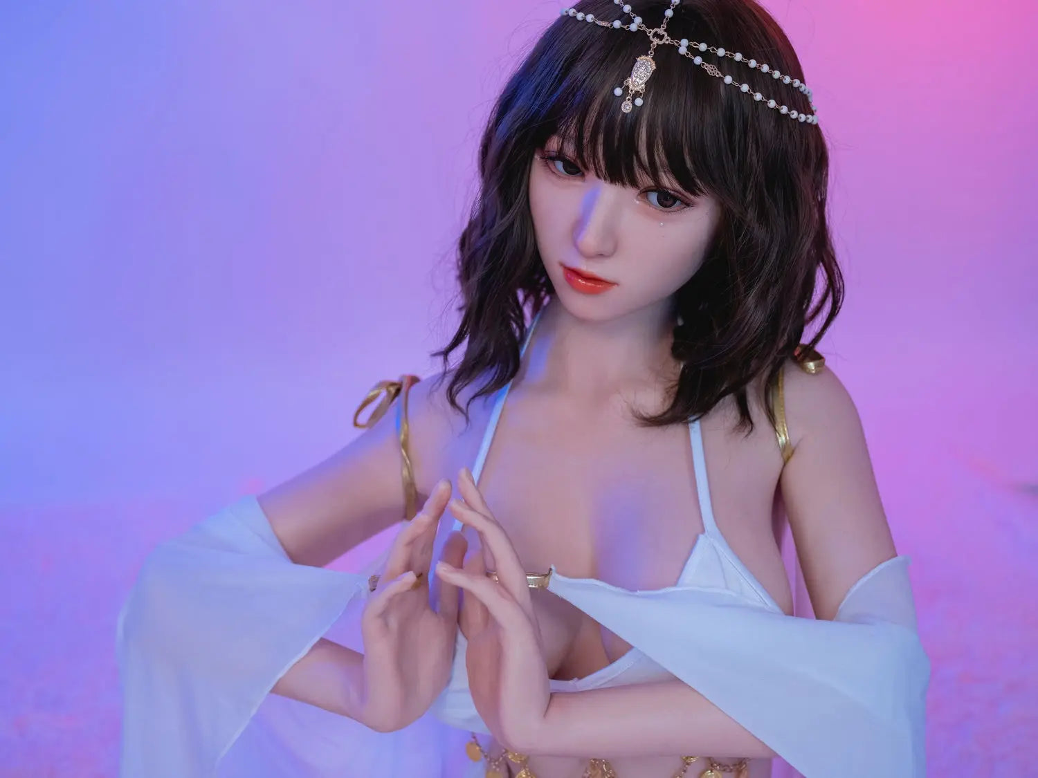 Allison, black short curly hair, hair jewelry, belly dance costume, purple light scenario, with her veil on, sitting on a fur carpet, close-up, mysterious vibes, topless, bust shot – oriental belly dance Asian companion sex doll by TopLoveDoll