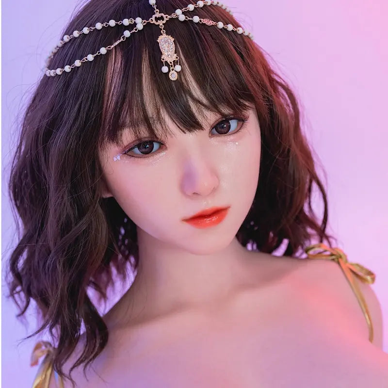 Allison, black short curly hair, hair jewelry, belly dance costume, purple light scenario, sitting on a fur carpet, face close-up, mysterious vibes, topless– oriental belly dance Asian companion sex doll by TopLoveDoll